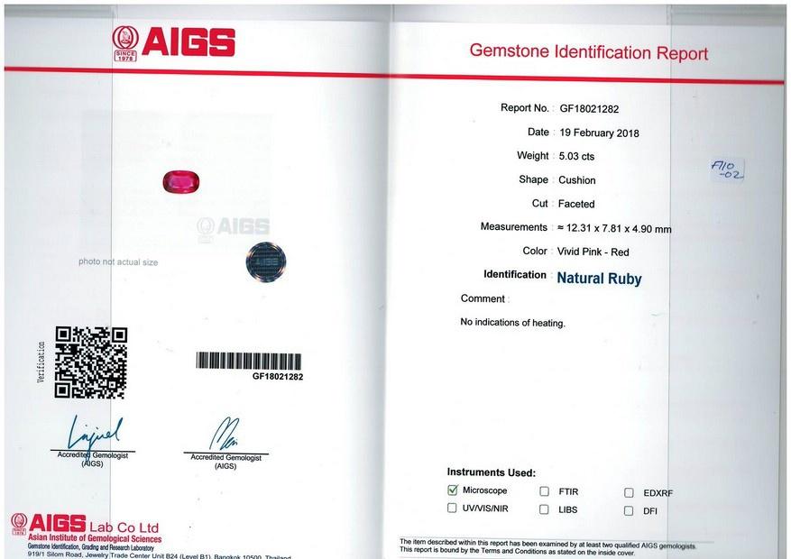 red mozambique ruby, 5.03ct cushion cut — laboratory certificate