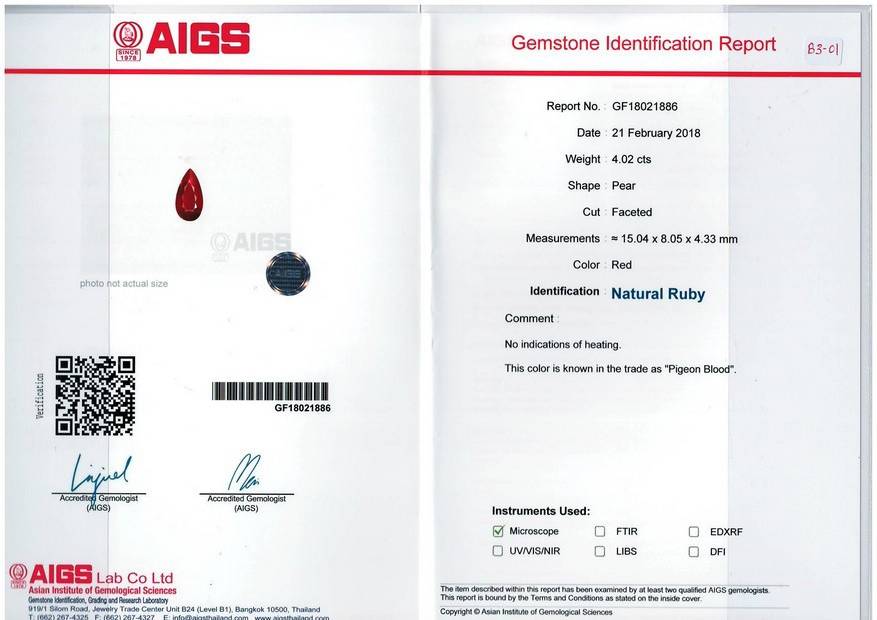 Pigeons Blood red mozambique ruby, 4.02ct pear cut — laboratory certificate