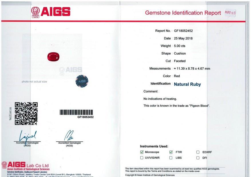 Pigeons Blood red mozambique ruby, 5ct cushion cut — laboratory certificate