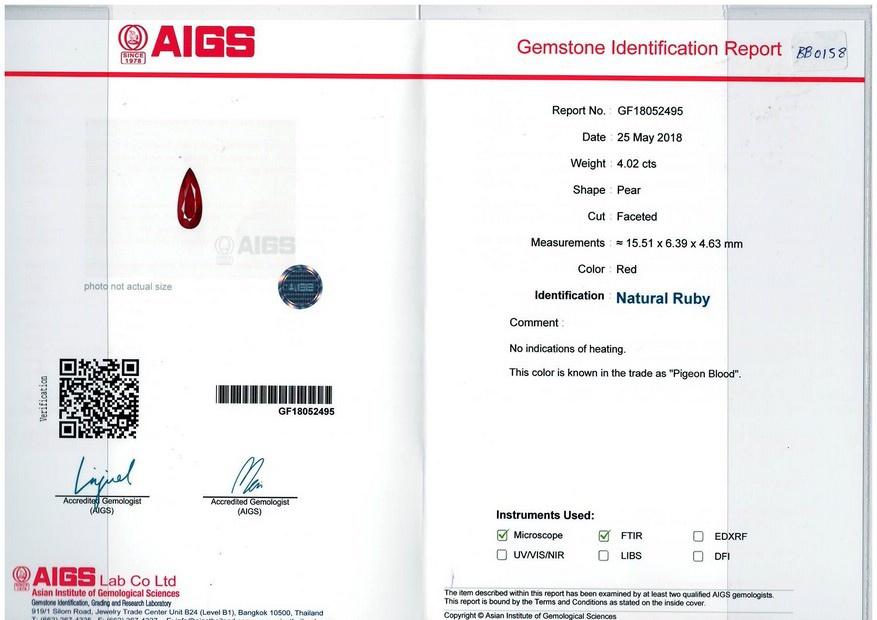 Pigeons Blood red mozambique ruby, 4.02ct pear cut — laboratory certificate