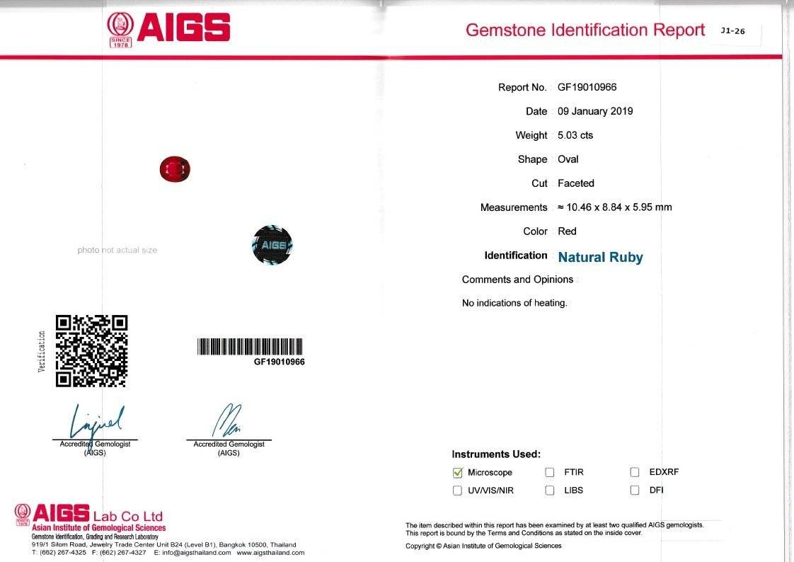 red mozambique ruby, 5.02ct oval cut — laboratory certificate
