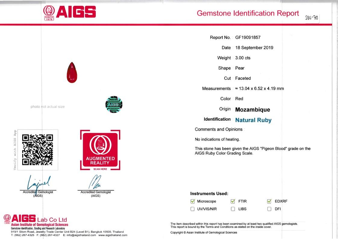 Pigeons Blood red mozambique ruby, 3ct pear cut — laboratory certificate