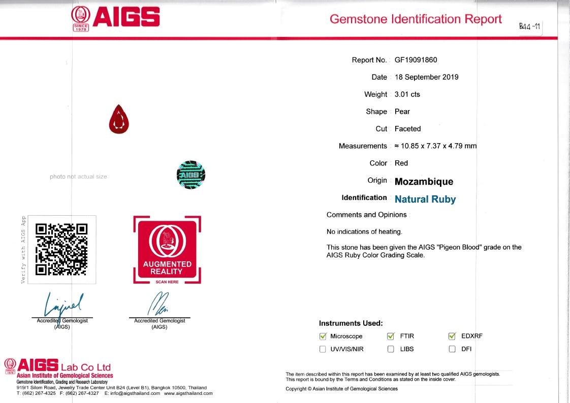 Pigeons Blood red mozambique ruby, 3.01ct pear cut — laboratory certificate