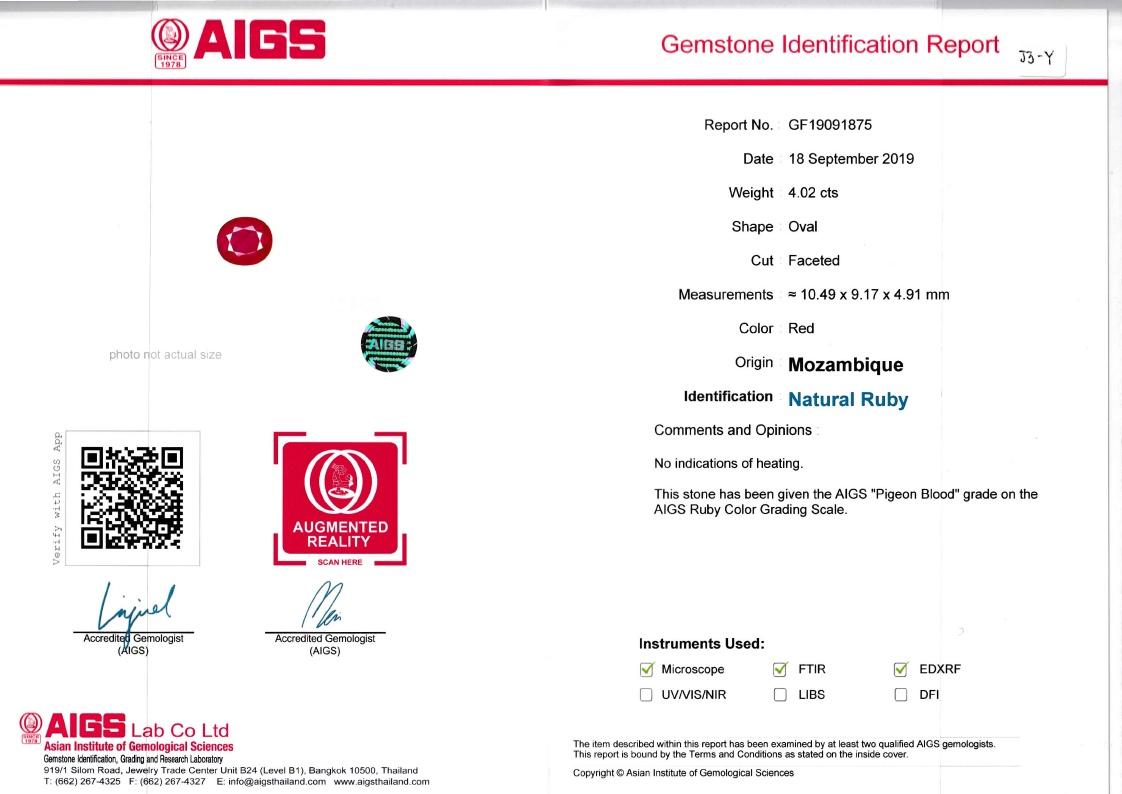 Pigeons Blood red mozambique ruby, 4.02ct oval cut — laboratory certificate