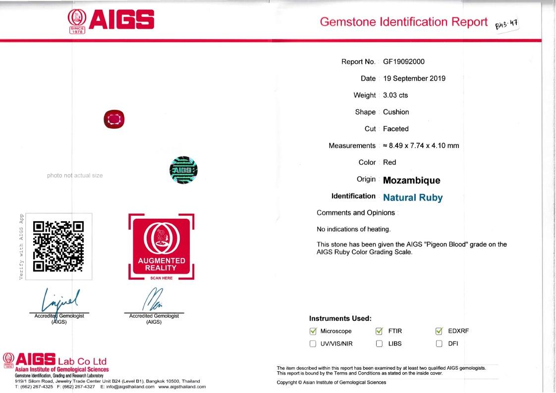 Pigeons Blood red mozambique ruby, 3.03ct cushion cut — laboratory certificate