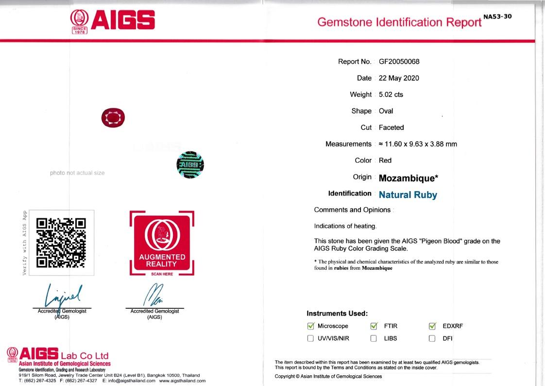 Pigeons Blood red mozambique ruby, 5.02ct oval cut — laboratory certificate