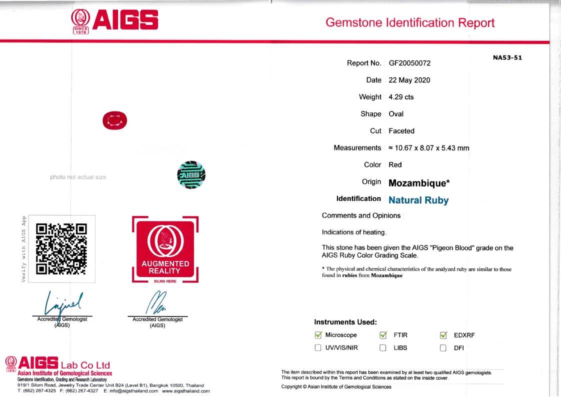 Pigeons Blood red mozambique ruby, 4.29ct oval cut — laboratory certificate