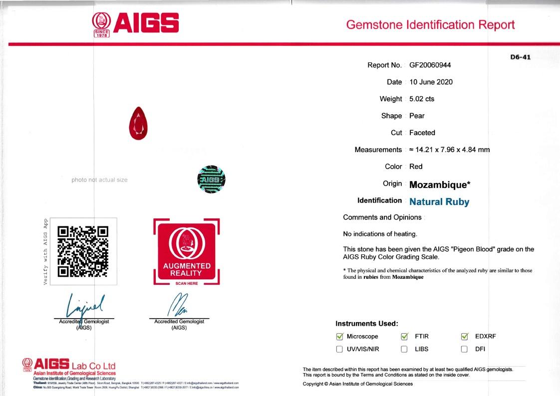 Pigeons Blood red mozambique ruby, 5.02ct pear cut — laboratory certificate
