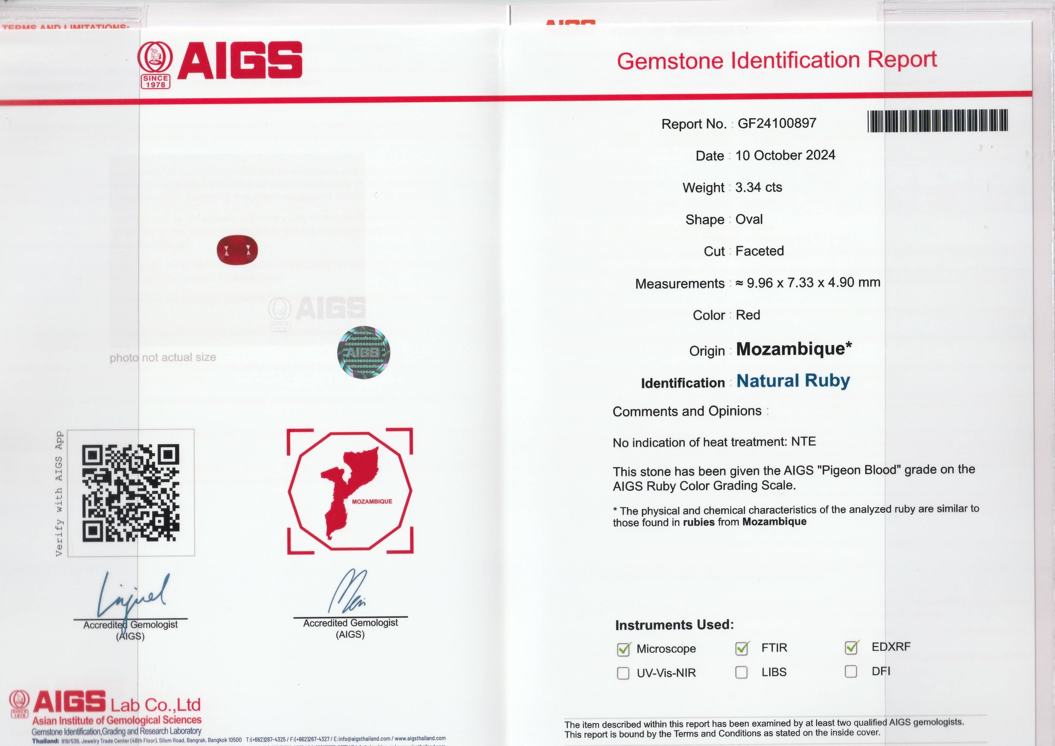 Pigeons Blood red mozambique ruby, 3.34ct oval cut — laboratory certificate