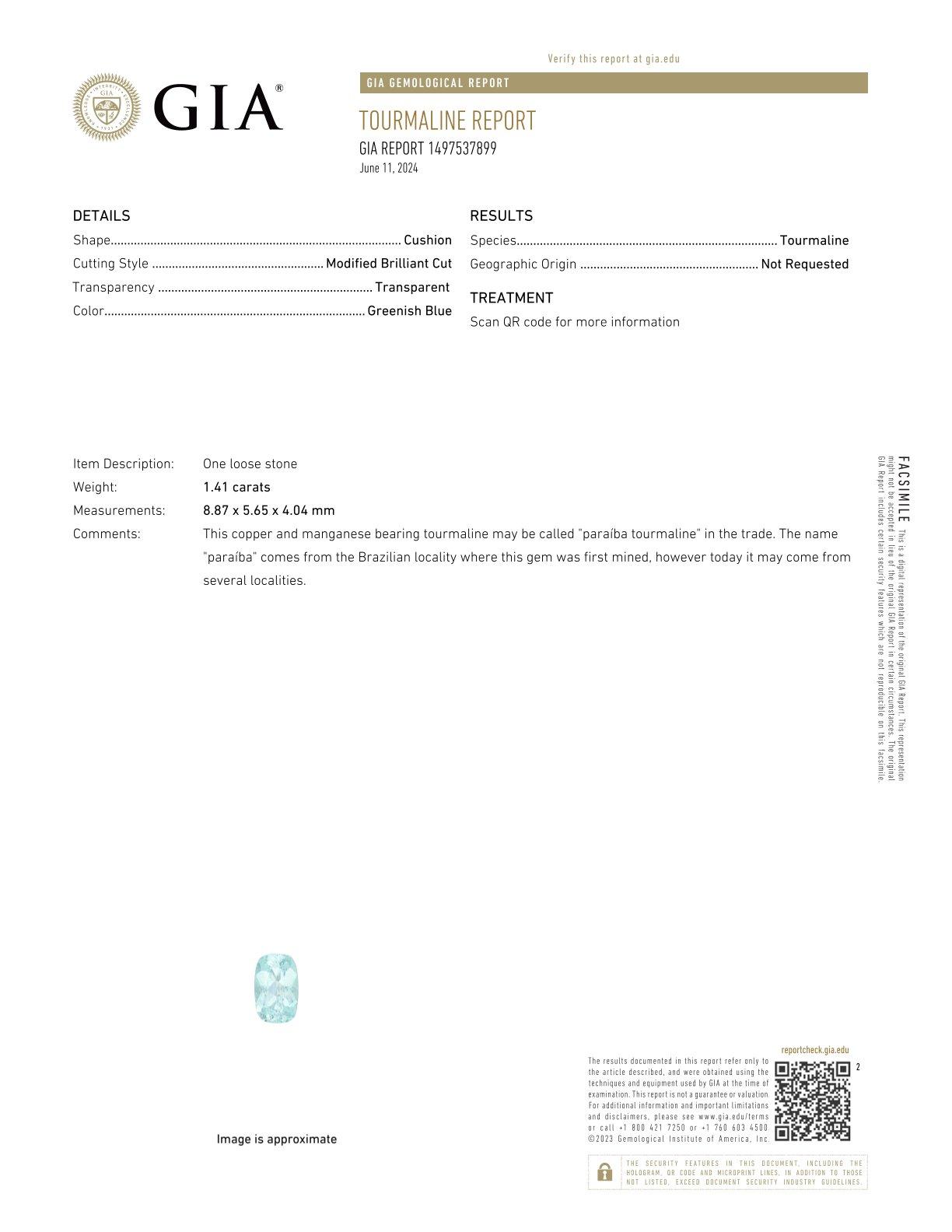 Neon blue paraiba tourmaline, 1.42ct cushion cut — laboratory certificate
