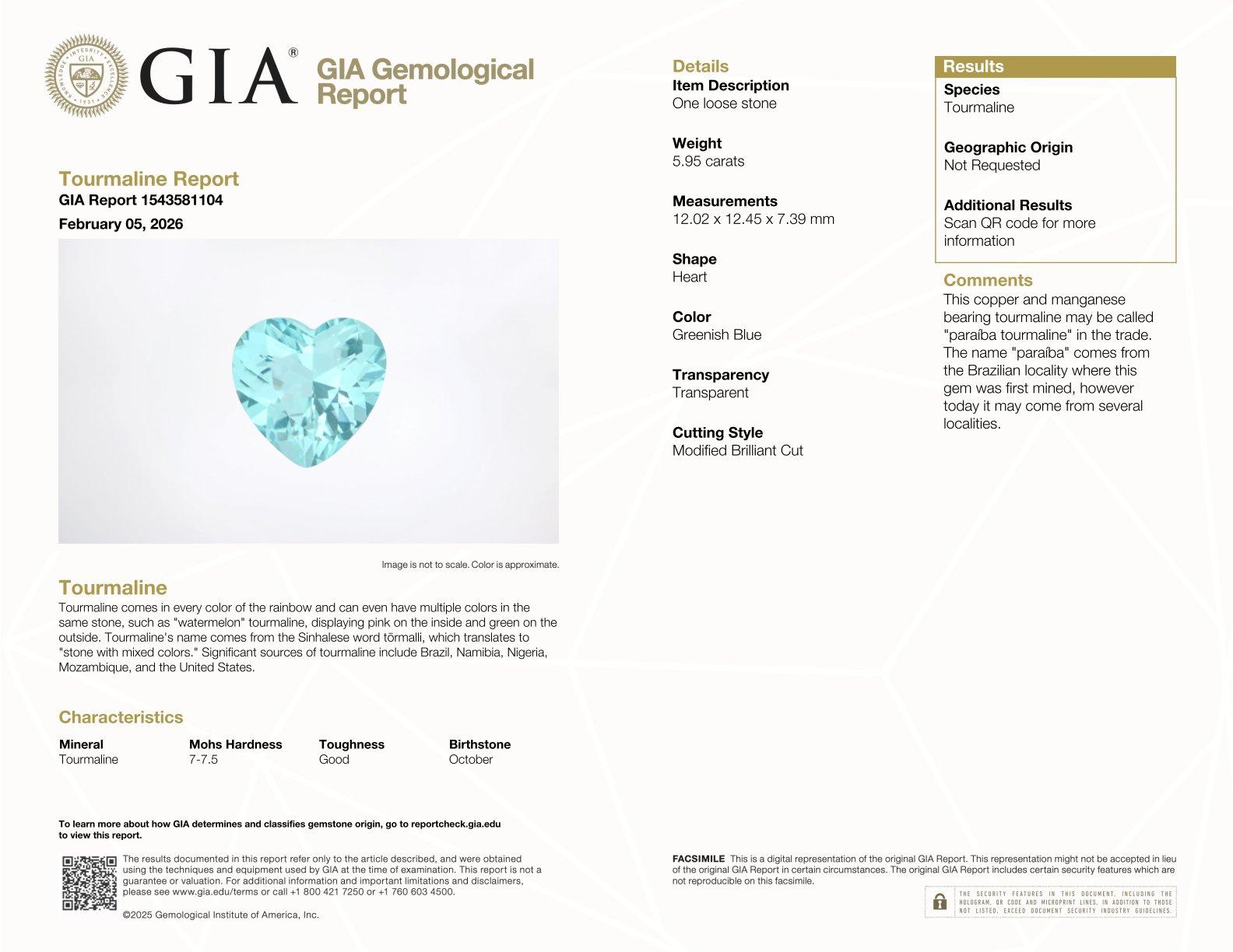 blue paraiba tourmaline, 5.96ct oval cut — laboratory certificate