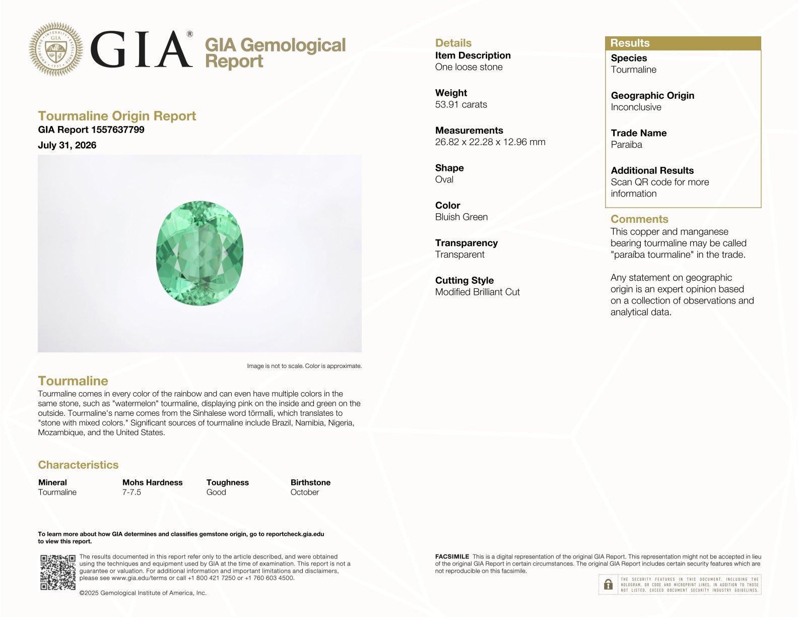 seafoam green paraiba tourmaline, 53.92ct oval cut — laboratory certificate