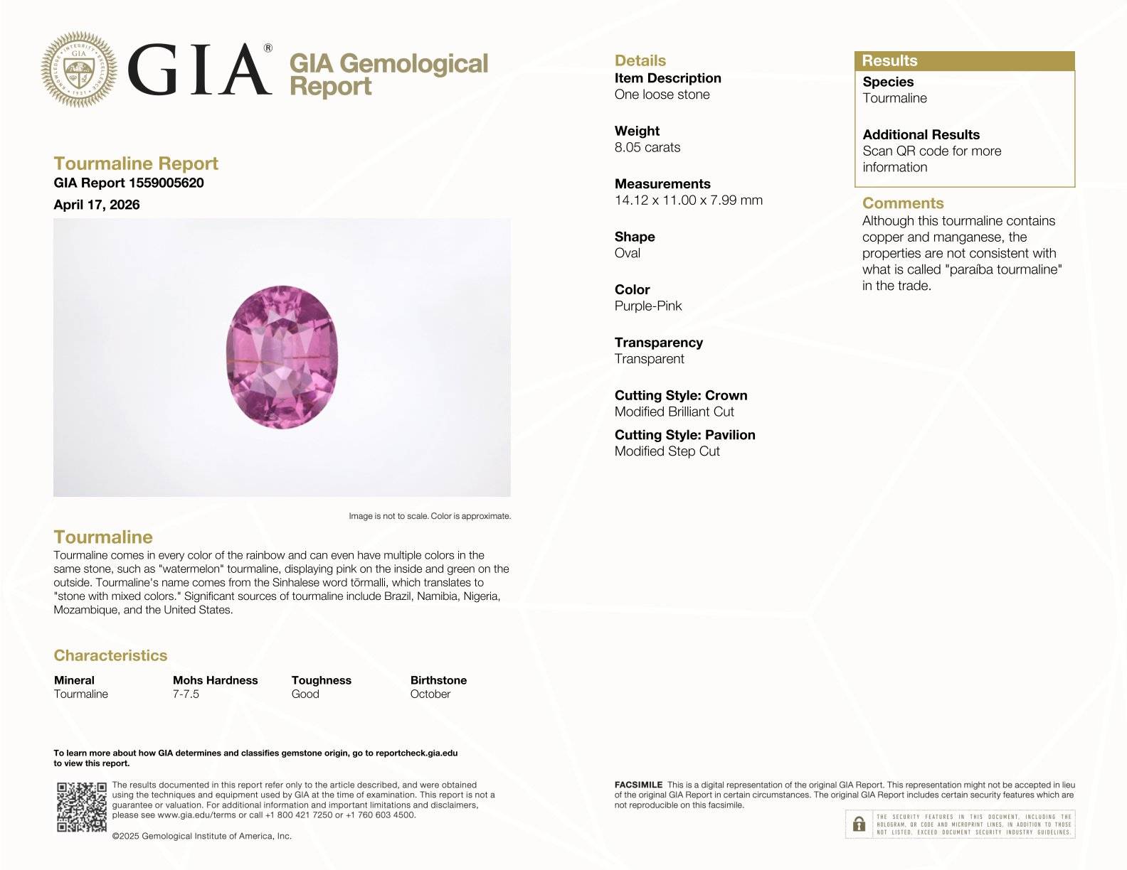 fuscia pink cuprian tourmaline, 8.06ct oval cut — laboratory certificate