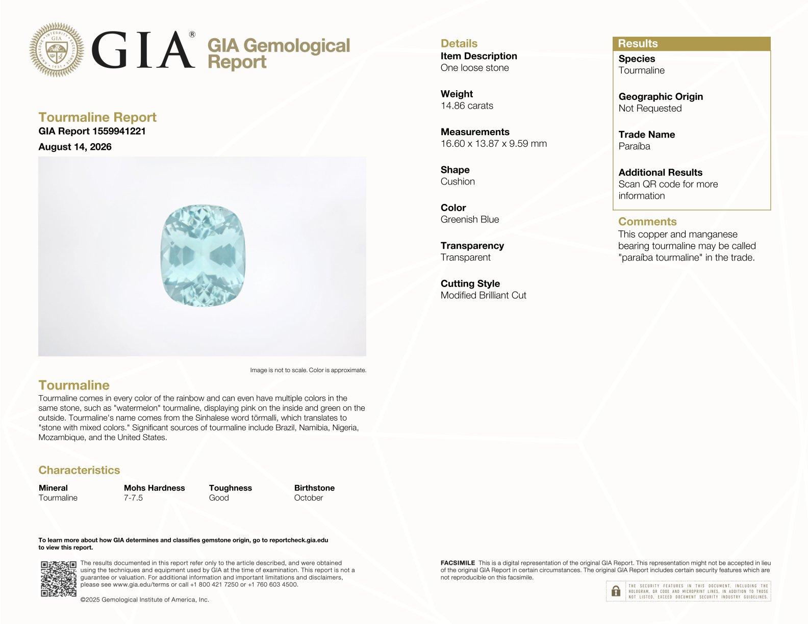 sky blue paraiba tourmaline, 14.86ct oval cut — laboratory certificate