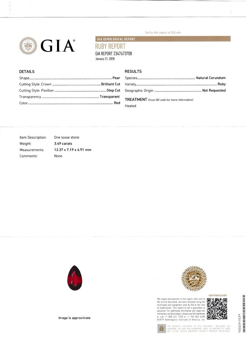 red mozambique ruby, 3.49ct pear cut — laboratory certificate