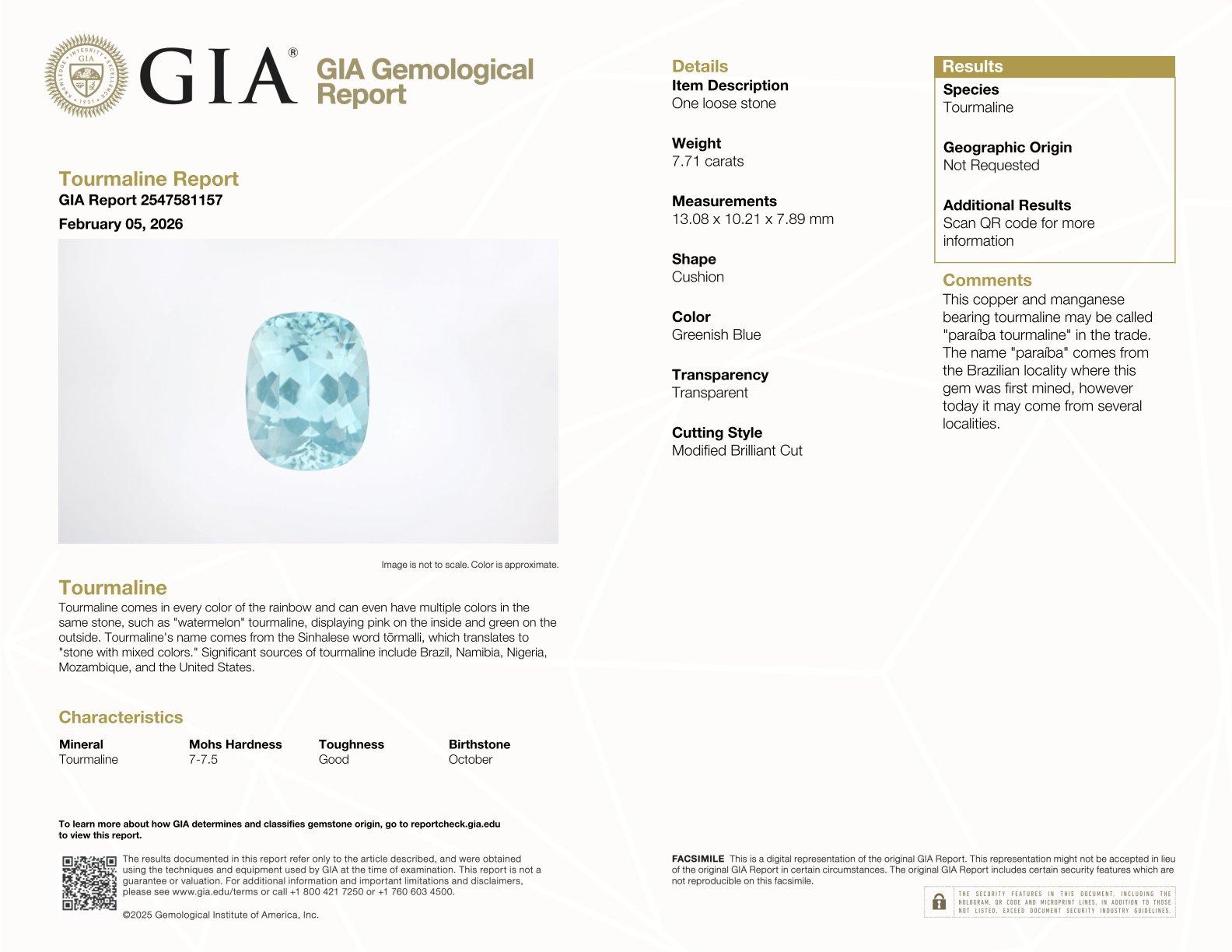 blue paraiba tourmaline, 7.71ct cushion cut — laboratory certificate