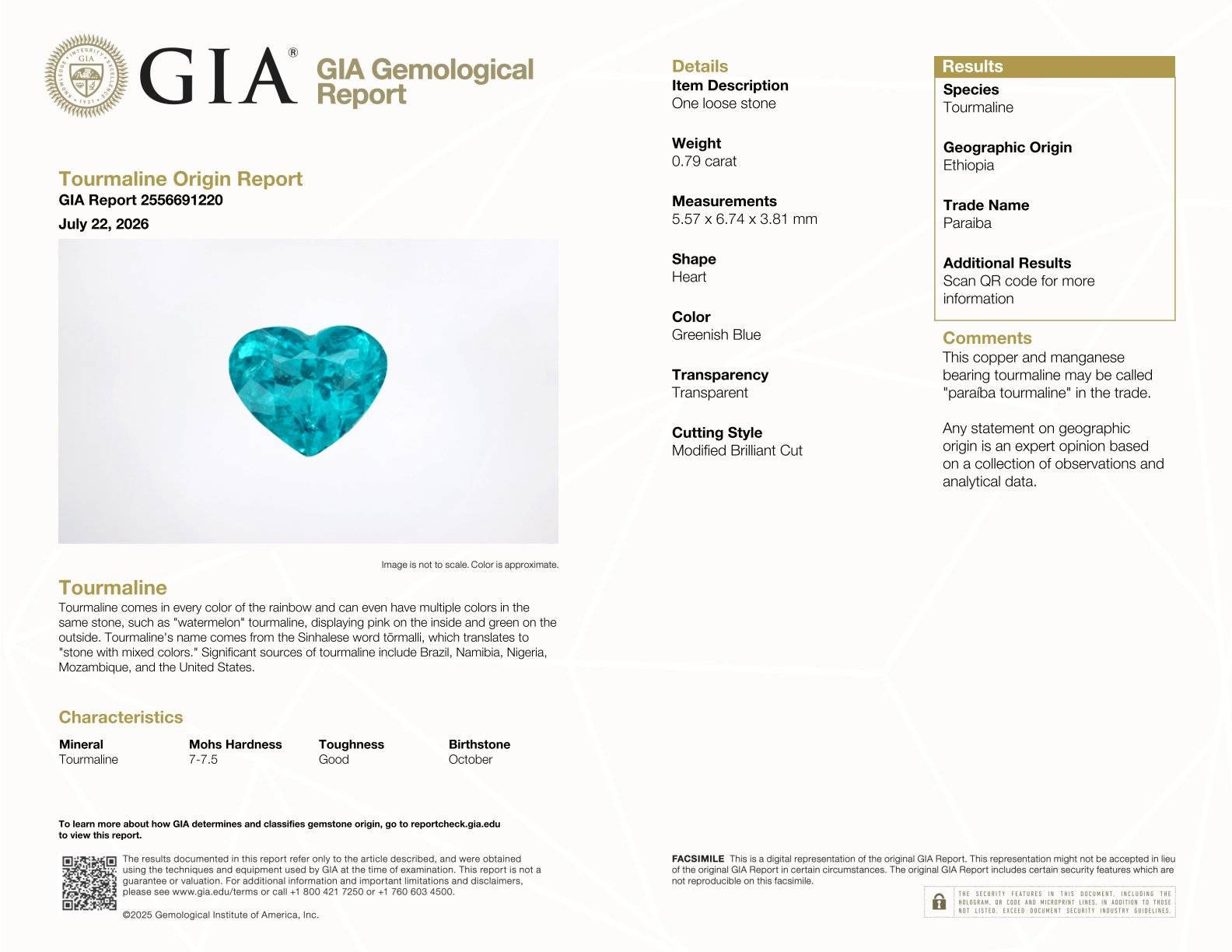 teal blue paraiba tourmaline, 0.79ct heart cut — laboratory certificate