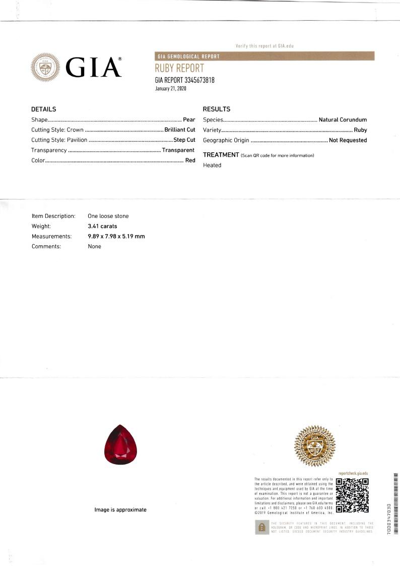 red mozambique ruby, 3.41ct pear cut — laboratory certificate