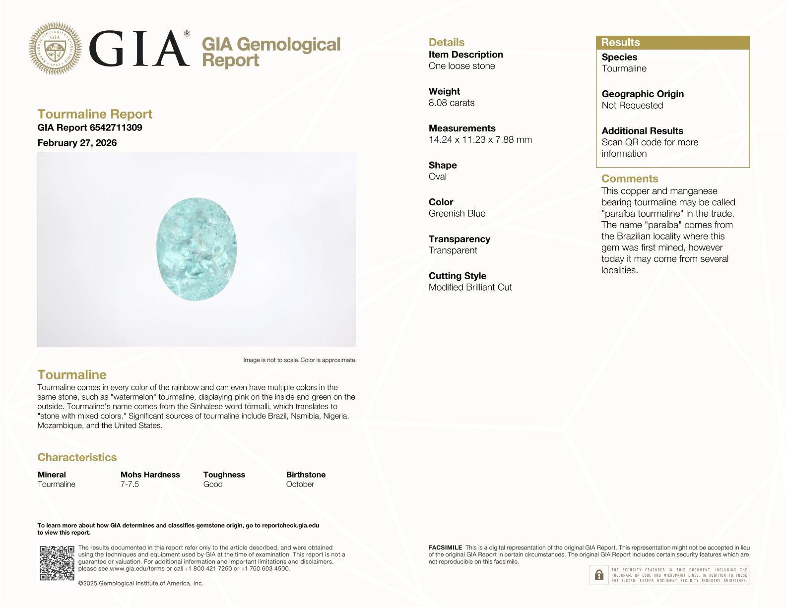baby blue paraiba tourmaline, 8.09ct oval cut — laboratory certificate