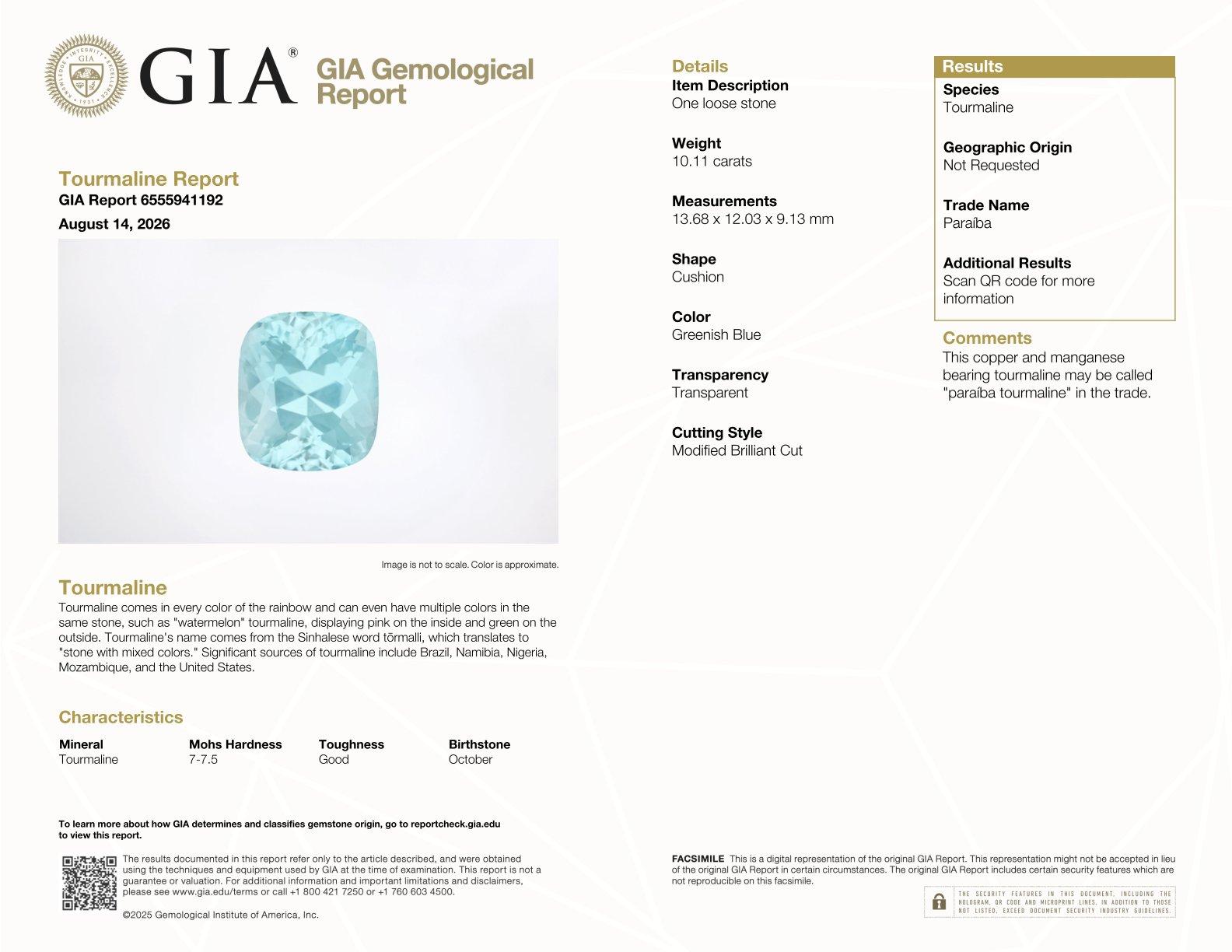 Neon blue paraiba tourmaline, 10.11ct cushion cut — laboratory certificate