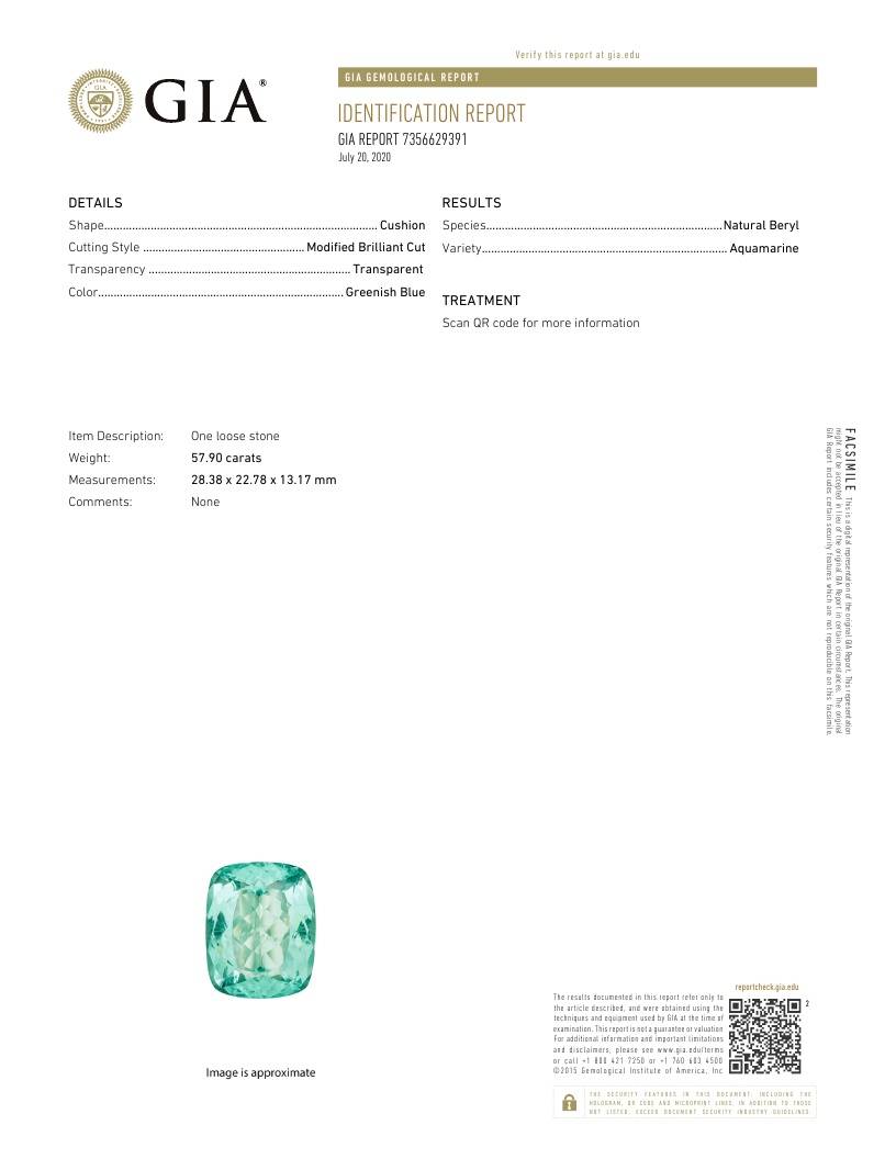 seafoam green aquamarine, 57.9ct cushion cut — laboratory certificate
