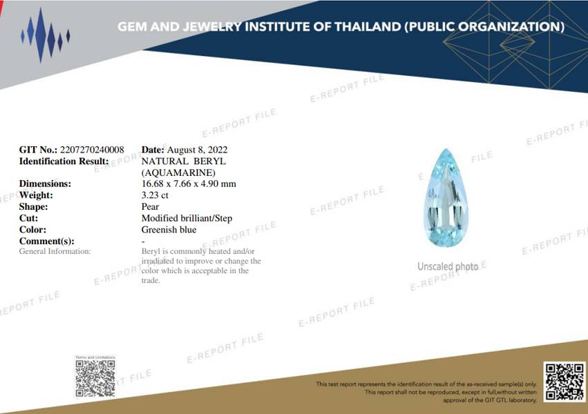 baby blue aquamarine, 3.23ct pear cut — laboratory certificate