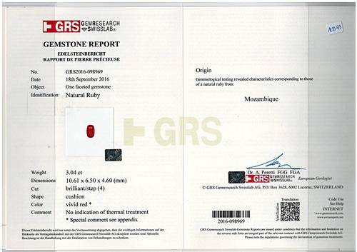 Pigeons Blood red mozambique ruby, 3.04ct cushion cut — laboratory certificate