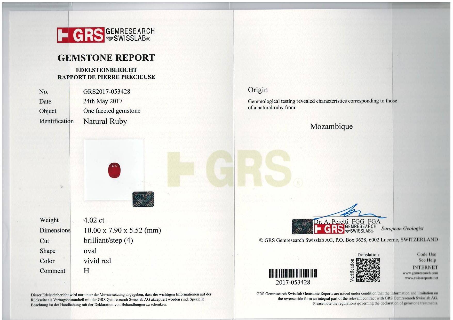red mozambique ruby, 4.02ct oval cut — laboratory certificate