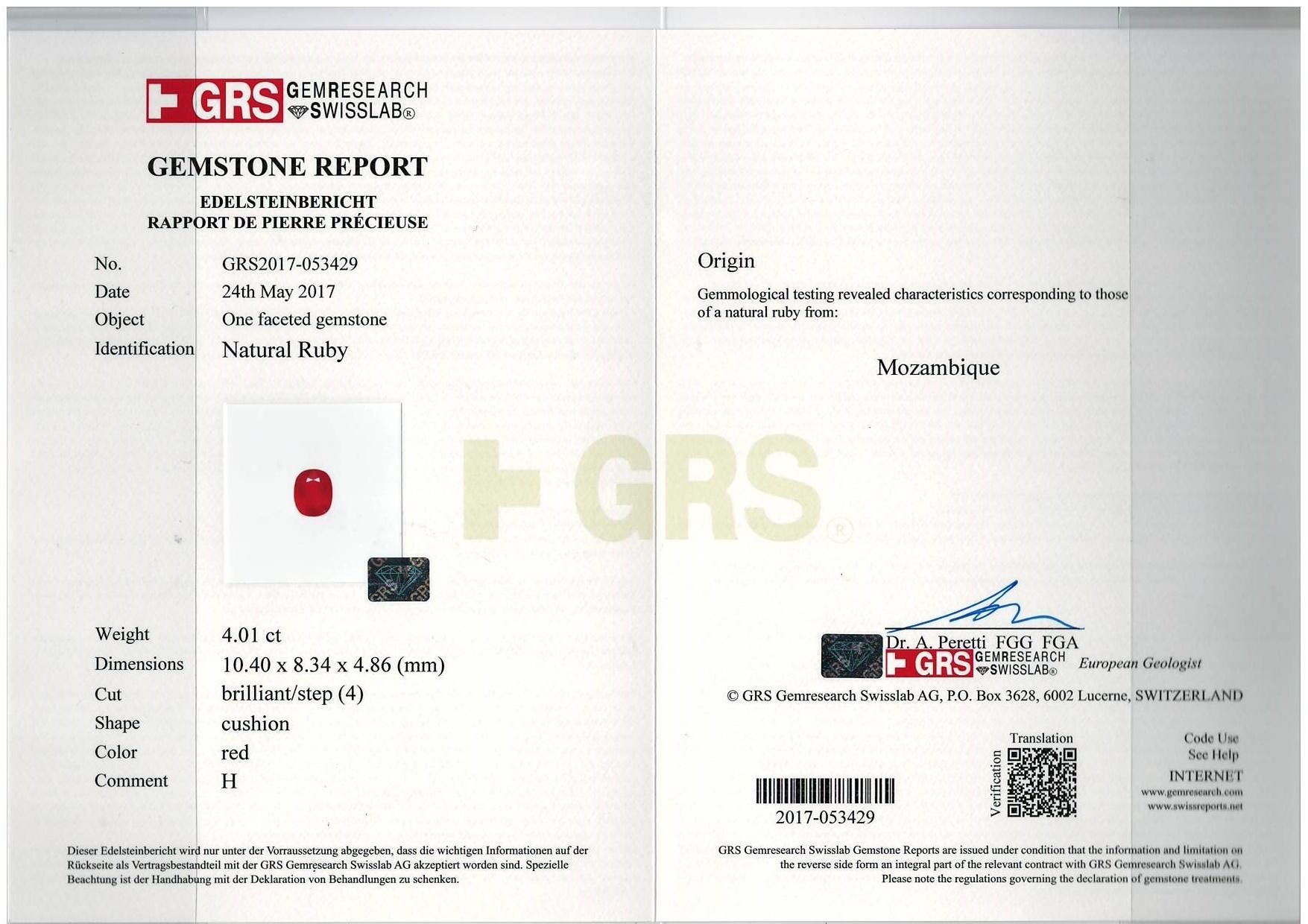 red mozambique ruby, 4.01ct oval cut — laboratory certificate
