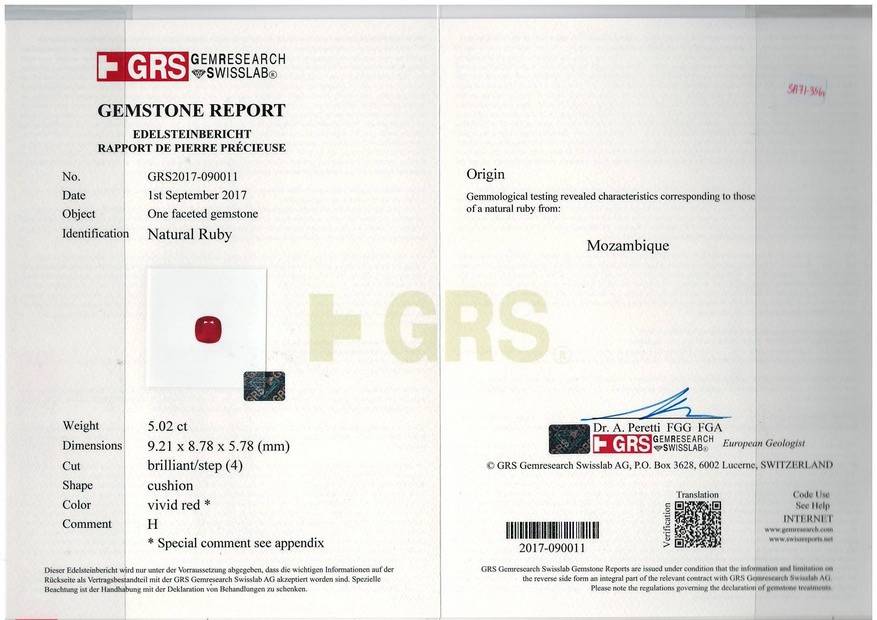 Pigeons Blood red mozambique ruby, 5.02ct cushion cut — laboratory certificate