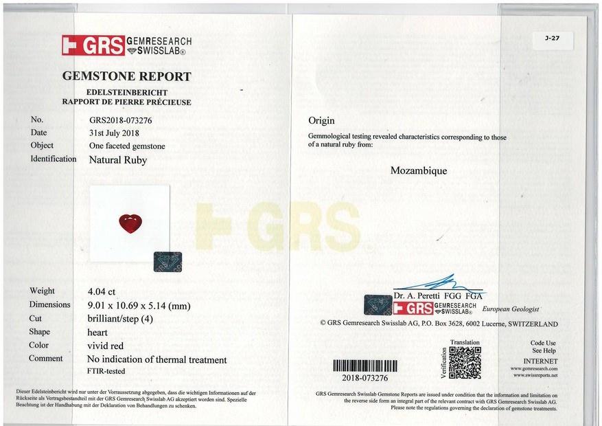 red mozambique ruby, 4.04ct heart cut — laboratory certificate