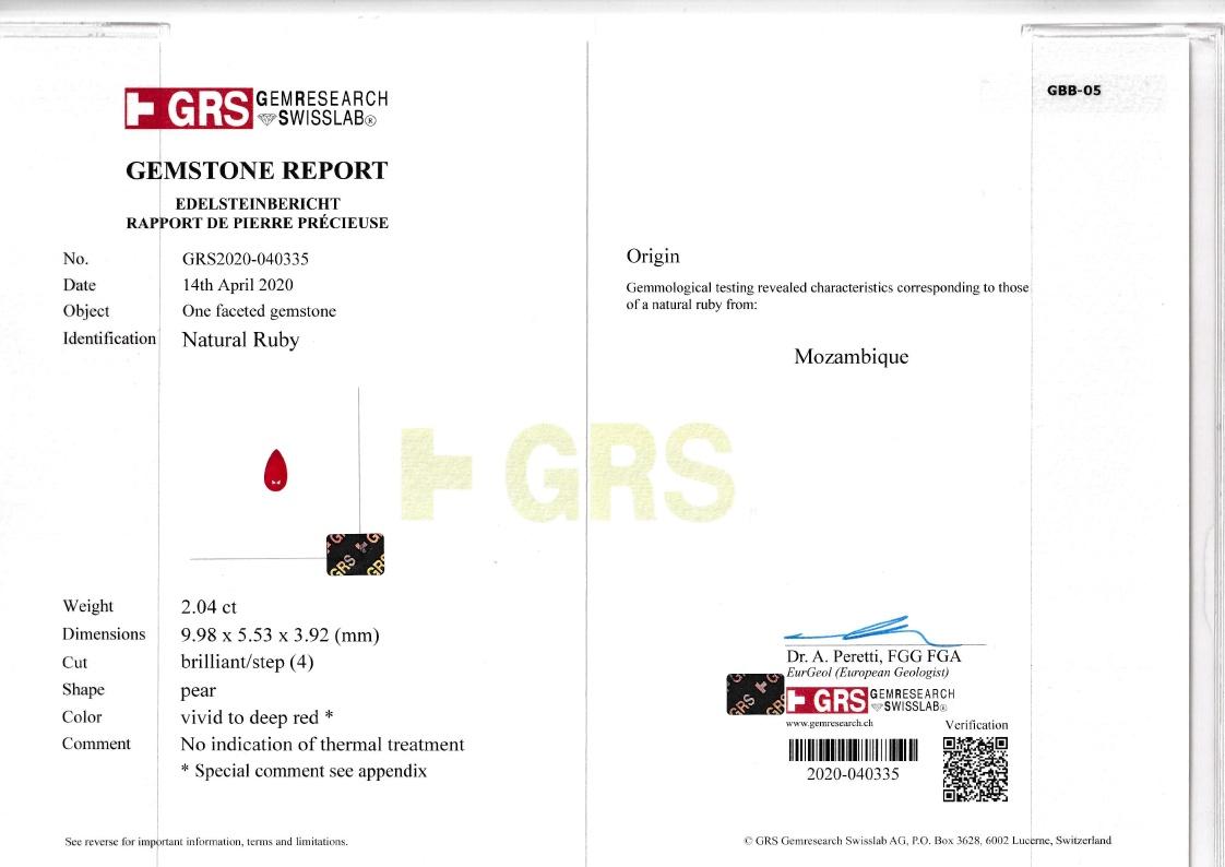 Pigeons Blood red mozambique ruby, 2.04ct pear cut — laboratory certificate