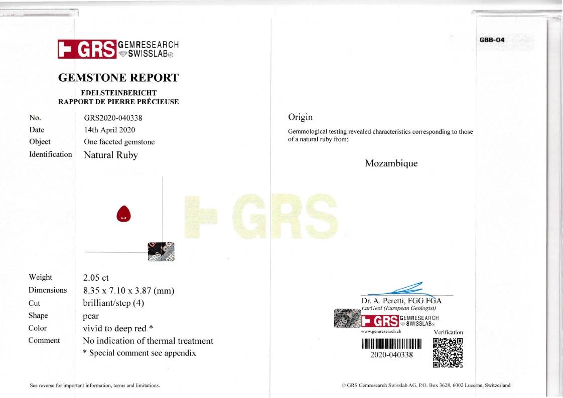 Pigeons Blood red mozambique ruby, 2.05ct pear cut — laboratory certificate