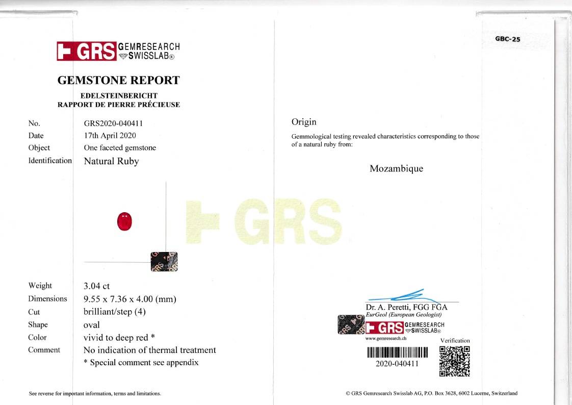 Pigeons Blood red mozambique ruby, 3.04ct oval cut — laboratory certificate