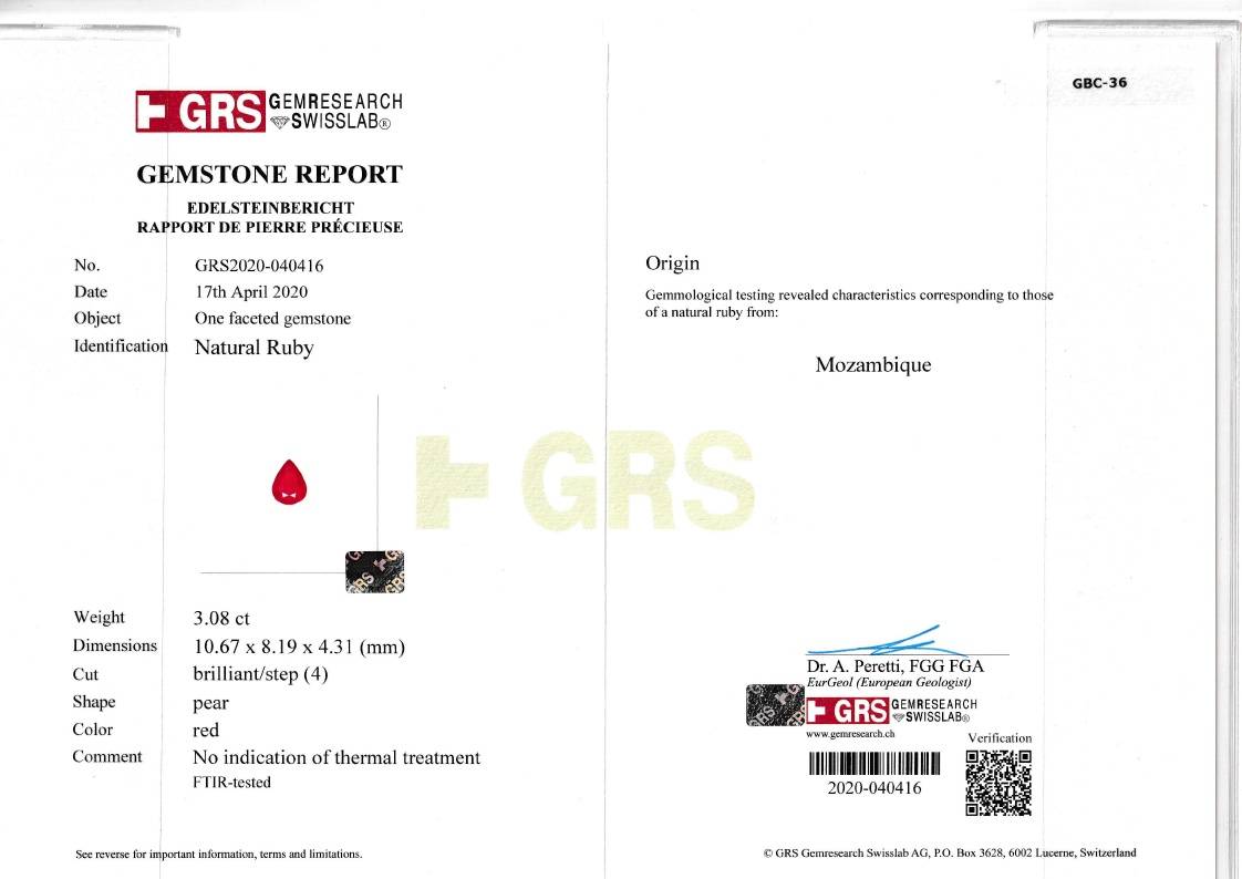 red mozambique ruby, 3.08ct pear cut — laboratory certificate