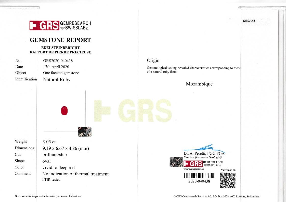 red mozambique ruby, 3.05ct oval cut — laboratory certificate