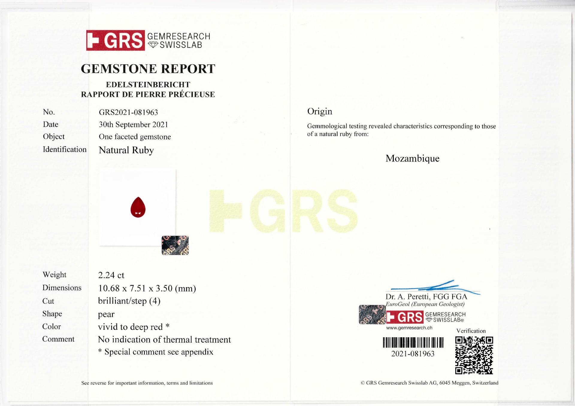 Pigeons Blood red mozambique ruby, 2.24ct pear cut — laboratory certificate
