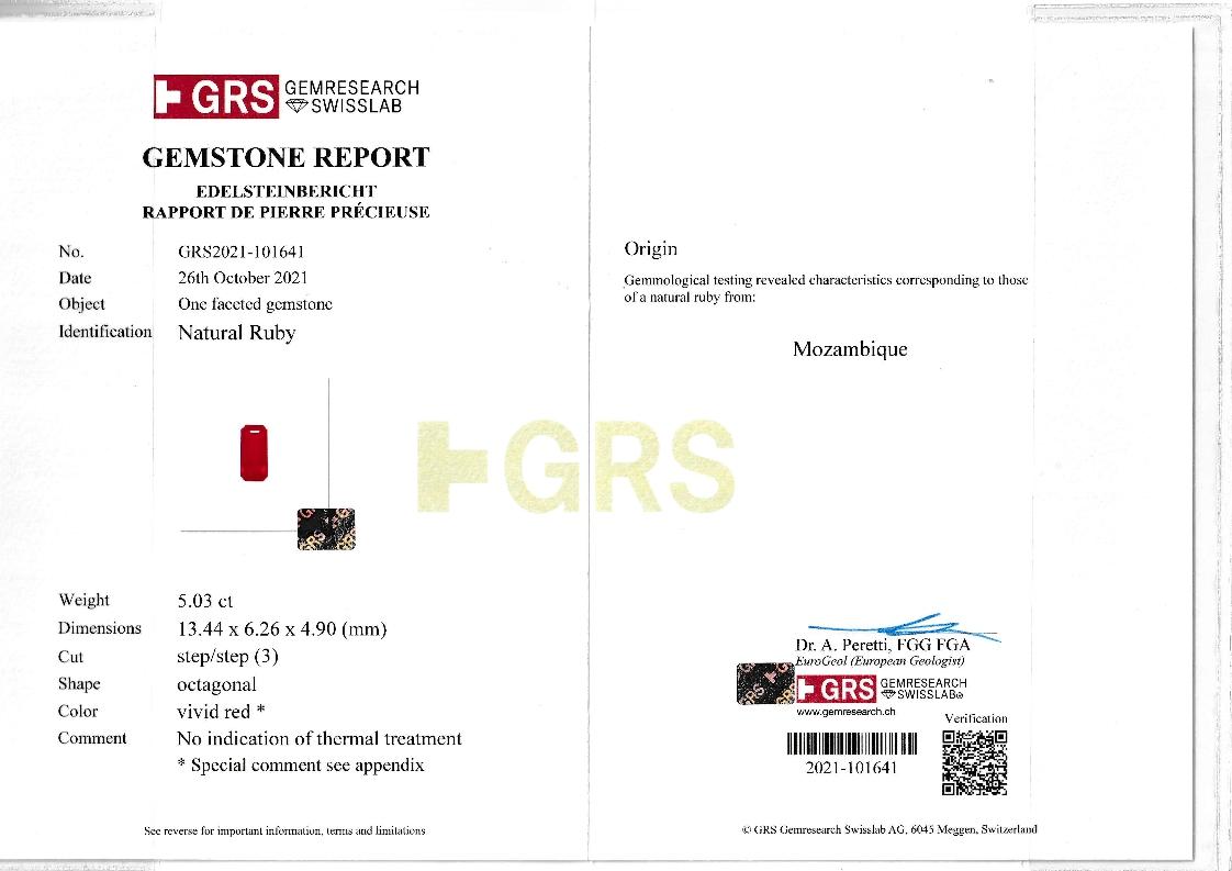Pigeons Blood red mozambique ruby, 5.03ct rectangular cut — laboratory certificate