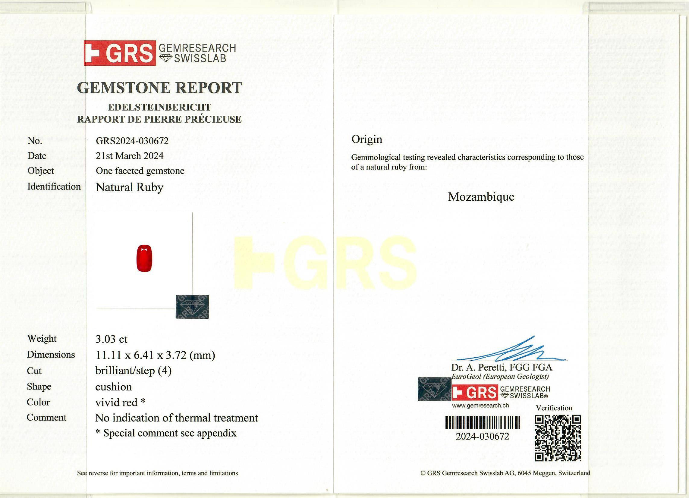 Pigeons Blood red mozambique ruby, 3.03ct cushion cut — laboratory certificate