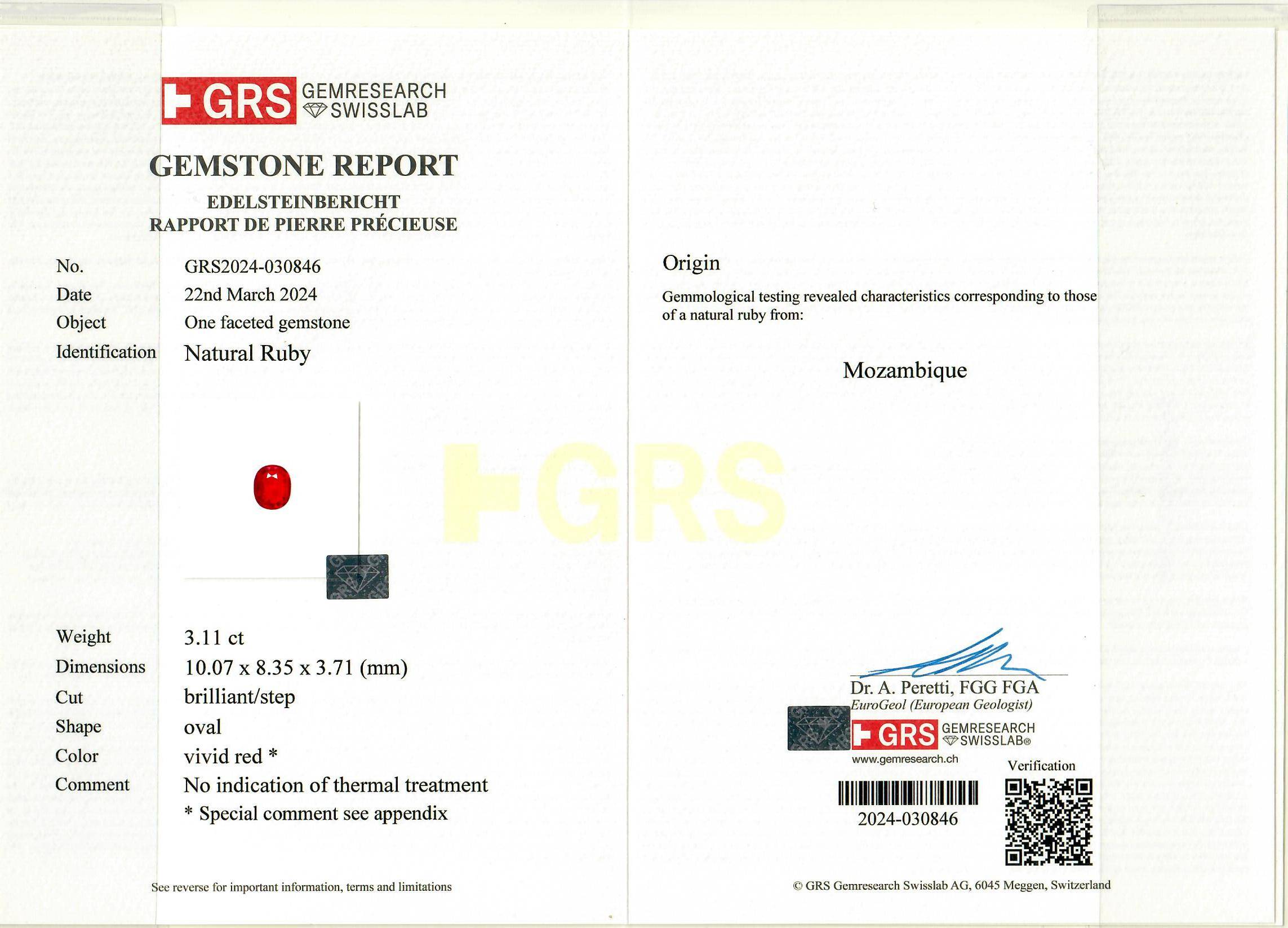 Pigeons Blood red mozambique ruby, 3.11ct oval cut — laboratory certificate