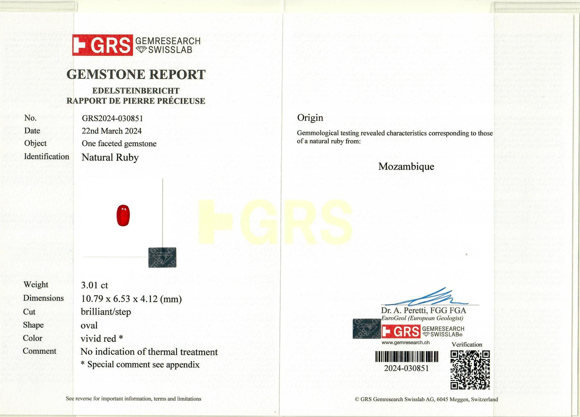 Pigeons Blood red mozambique ruby, 3.01ct oval cut — laboratory certificate