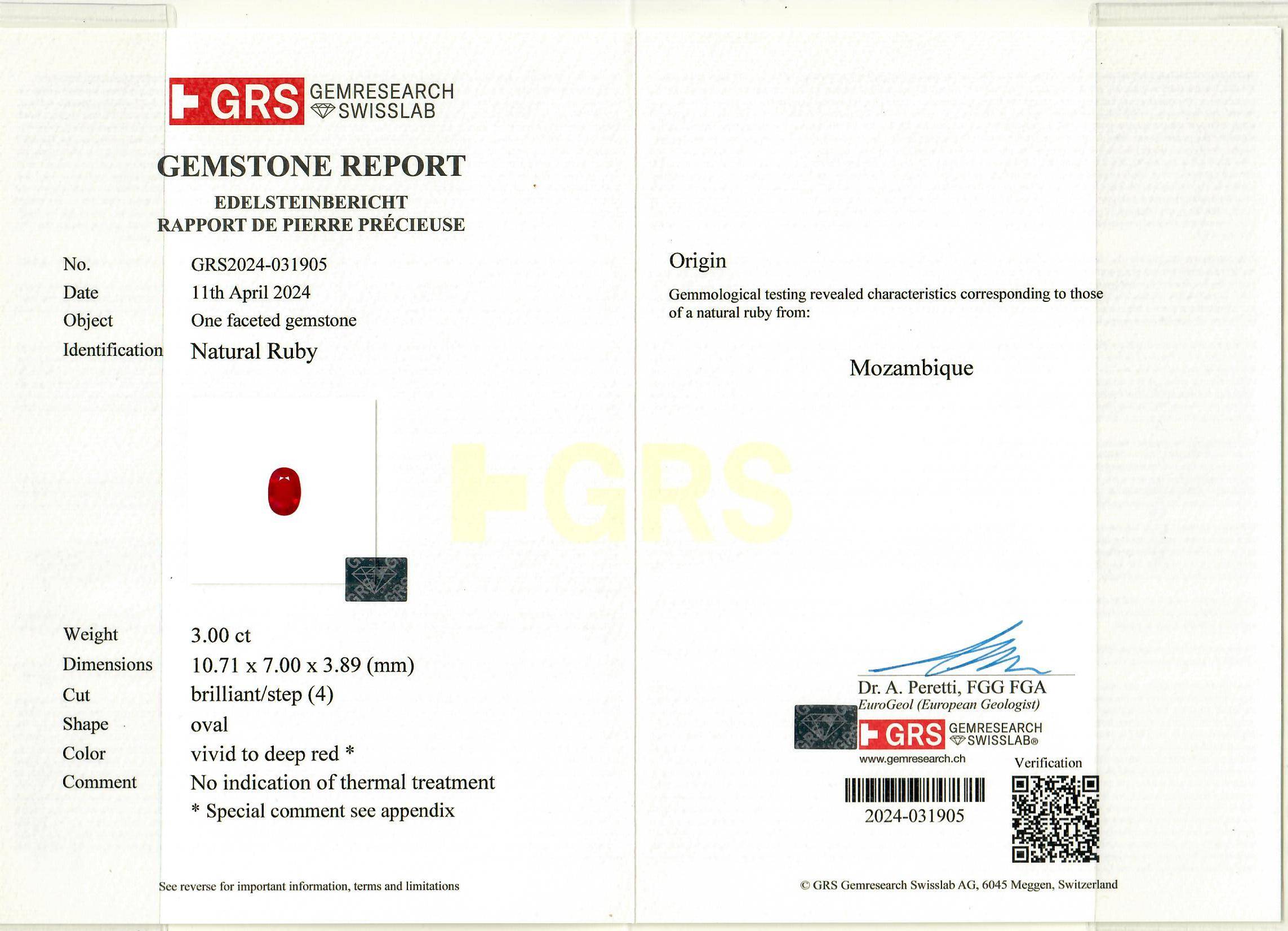 Pigeons Blood red mozambique ruby, 3ct oval cut — laboratory certificate
