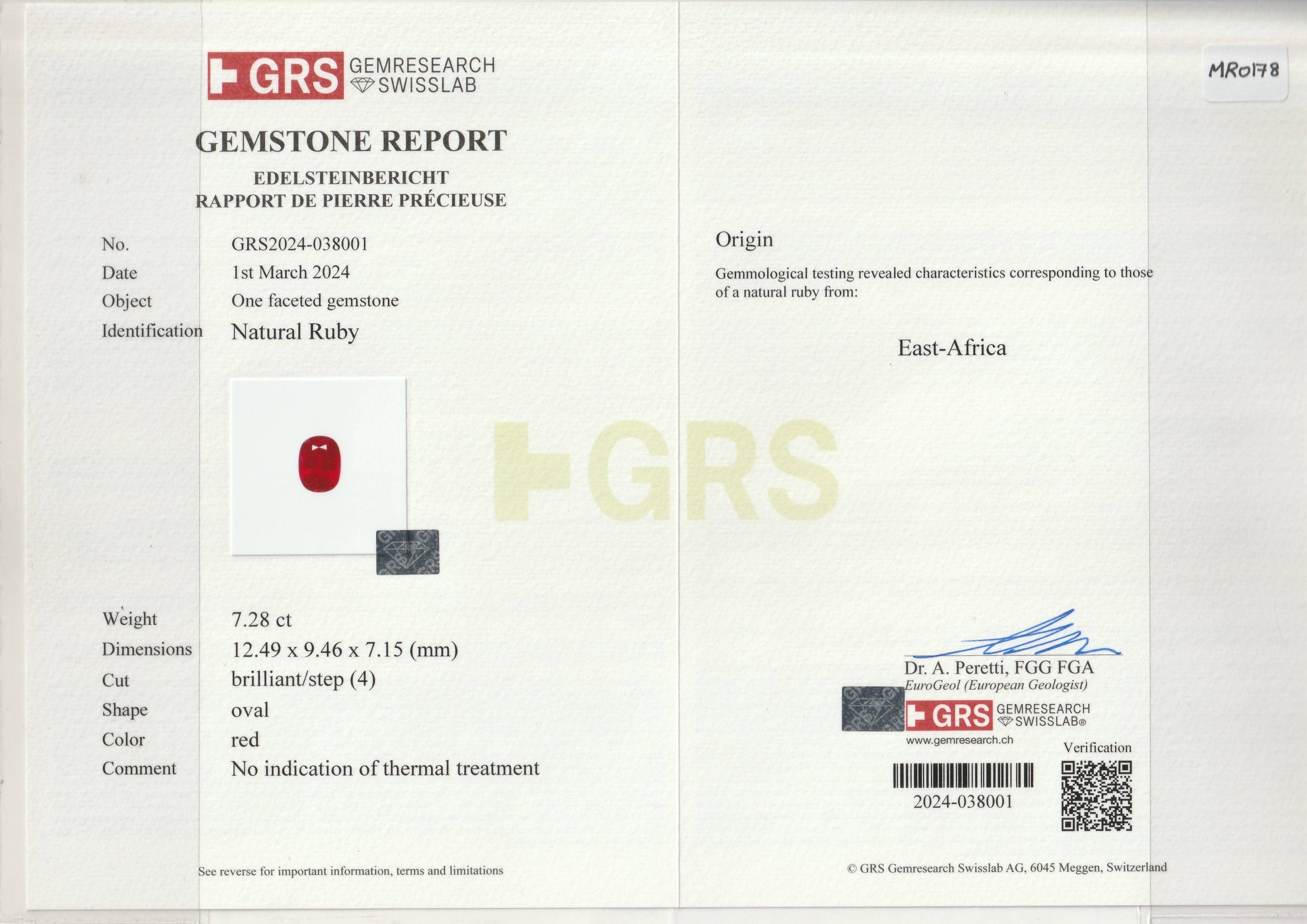 red mozambique ruby, 7.28ct oval cut — laboratory certificate