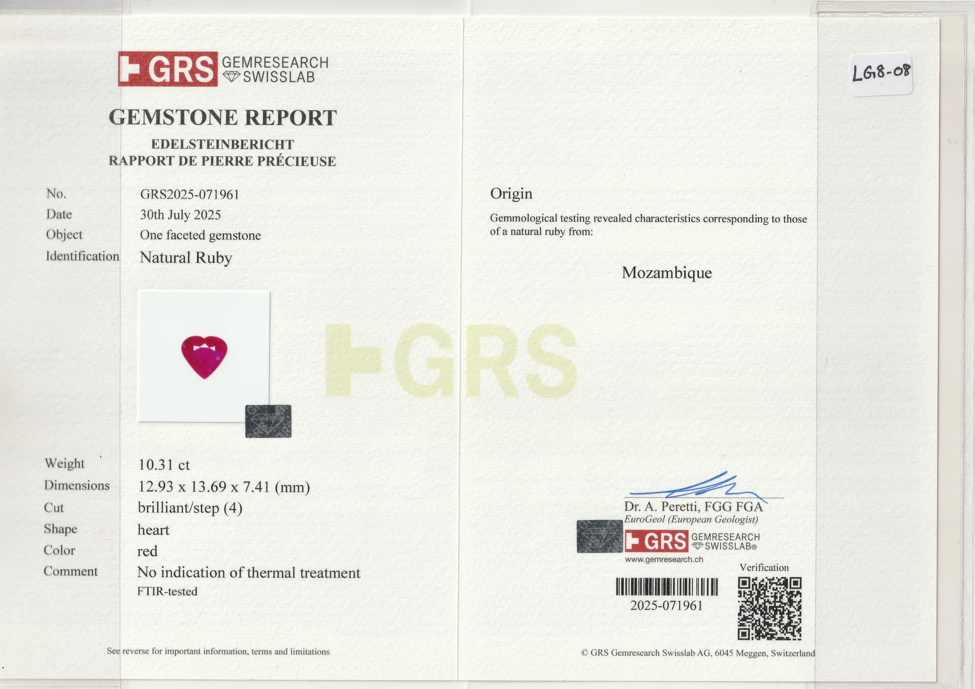 red mozambique ruby, 10.31ct heart cut — laboratory certificate