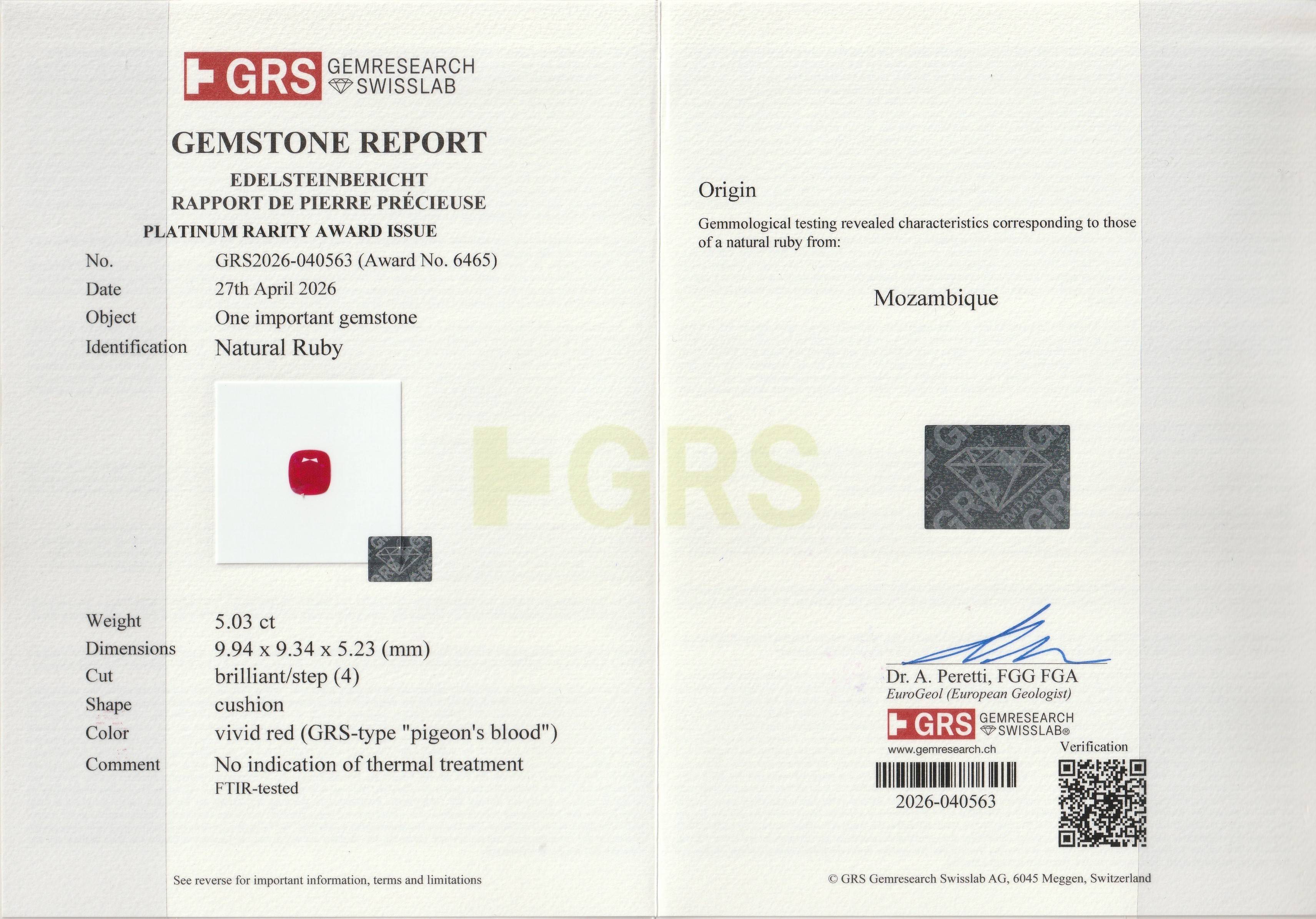 Pigeons Blood red mozambique ruby, 5.03ct cushion cut — laboratory certificate