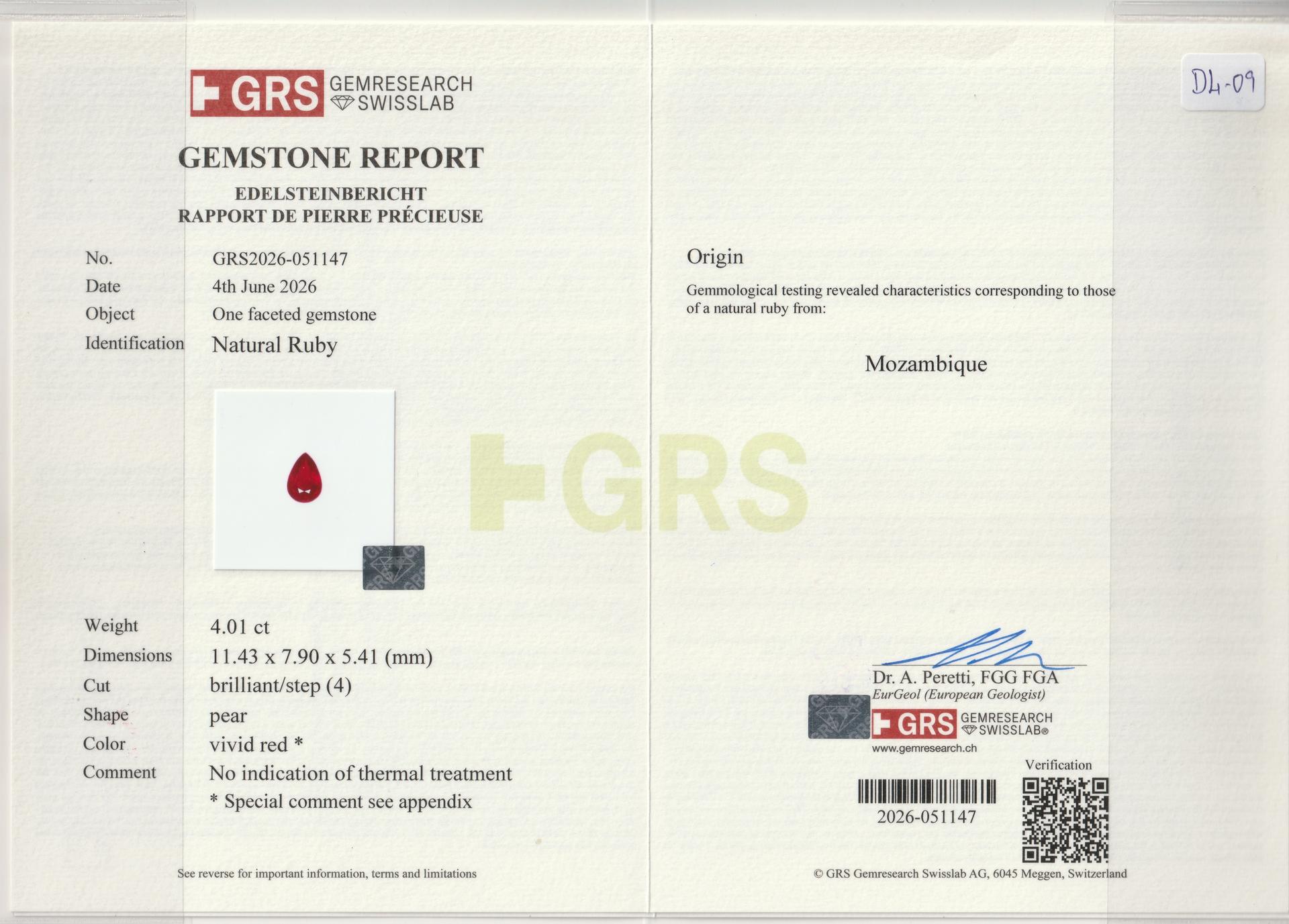 Pigeons Blood red mozambique ruby, 4.01ct pear cut — laboratory certificate
