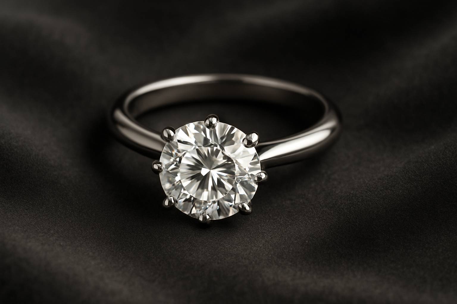 a close-up of a Tiffany Setting engagement ring with a sparkling diamond on a soft fabric background