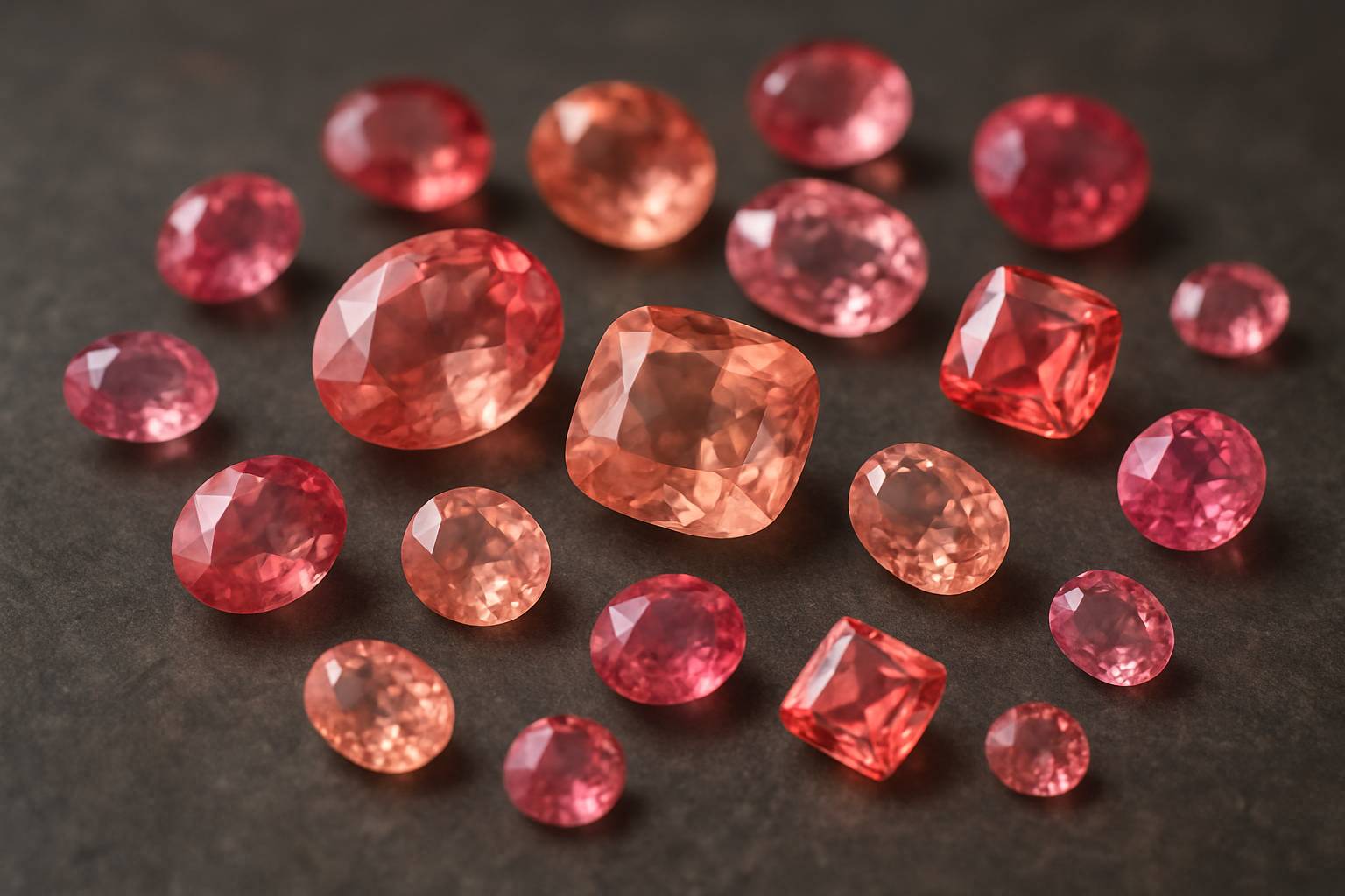 a close-up of coral and peach sapphire gemstones arranged elegantly