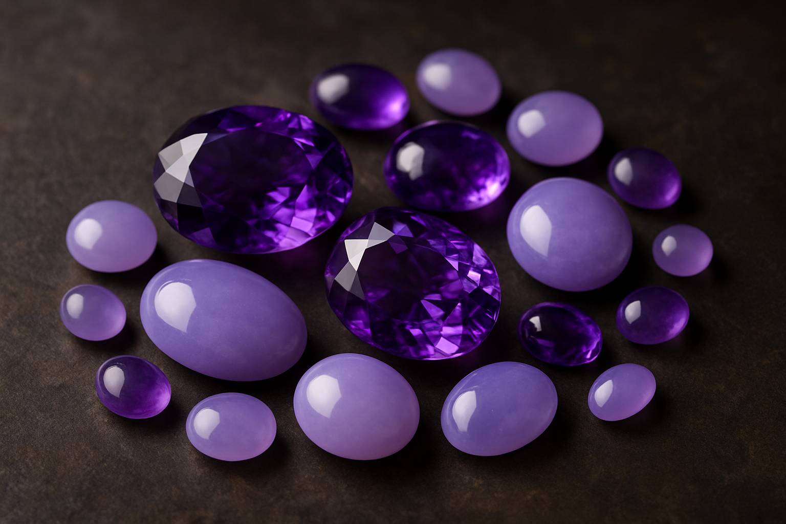 a delicate arrangement of amethyst and lavender jade gemstones