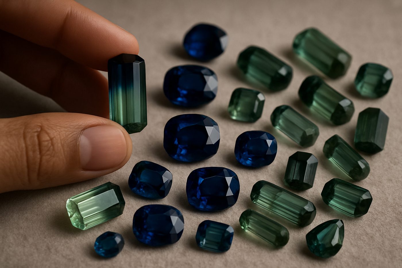 a close-up of rare gemstones including sapphires and tourmalines on a soft surface